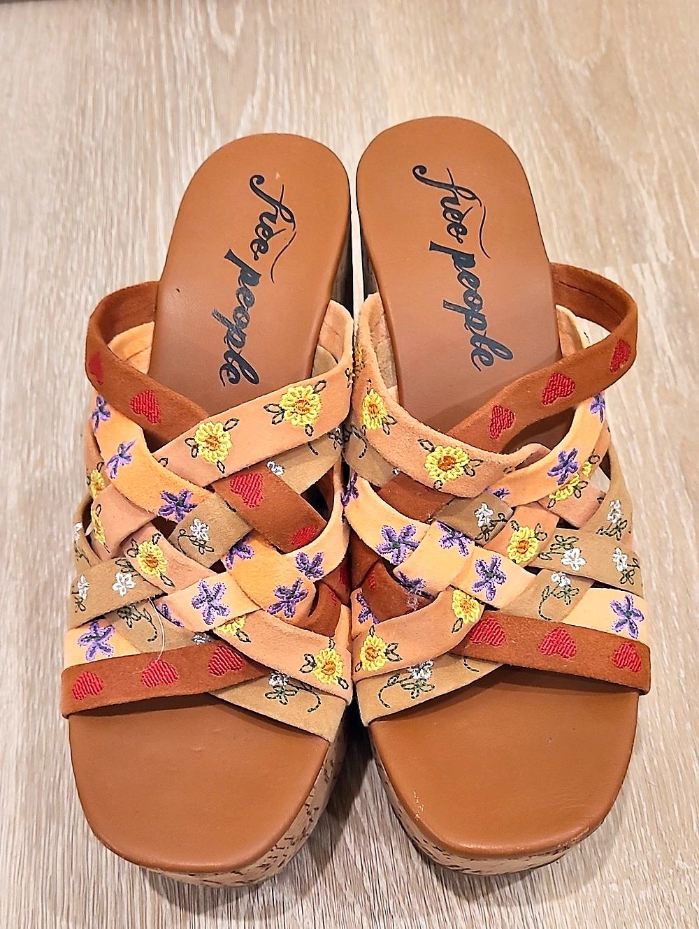 Free People Lisbon Platform Mules Embroidered Floral Wedges in Brown & Peach